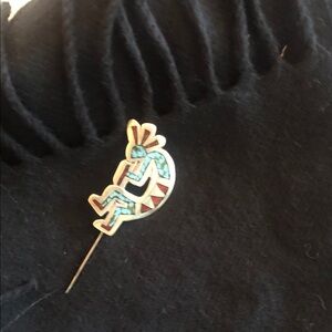 Turquoise and coral inlay sterling silver Kokopelli Pin